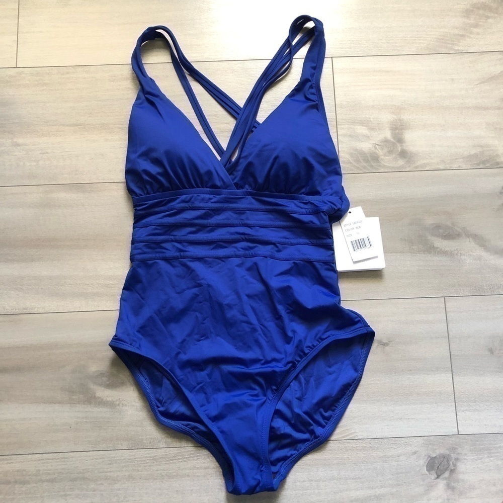 La Blanca Sapphire Blue Criss Cross One Piece Swimsuit 10 - Picture 4 of 16